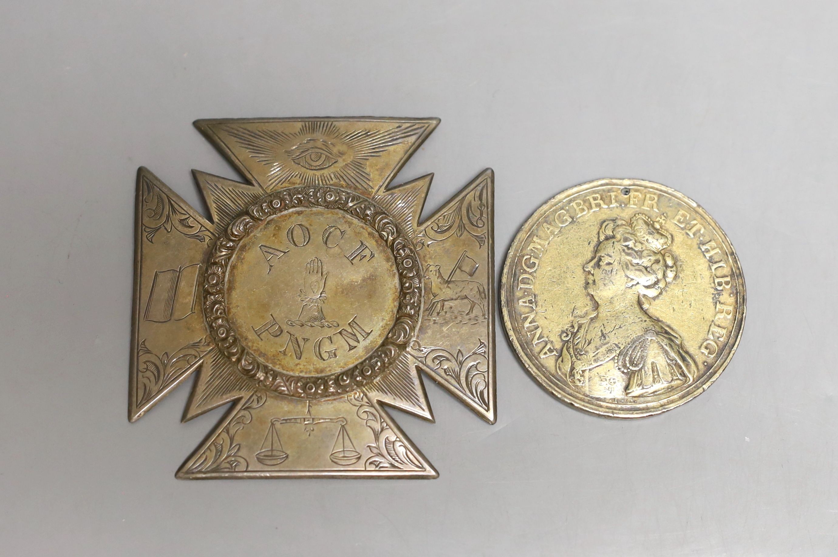 Medals, Great Britain, Queen Anne (1702-1714), Battle of Malplaquet, silver medal, 1709, by J. Croker, pierced otherwise fine and a Victorian engraved silver Masonic medal (2)